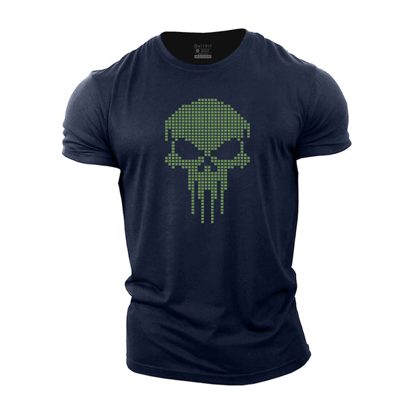 Pixel Grid Skull Cotton T-shirts