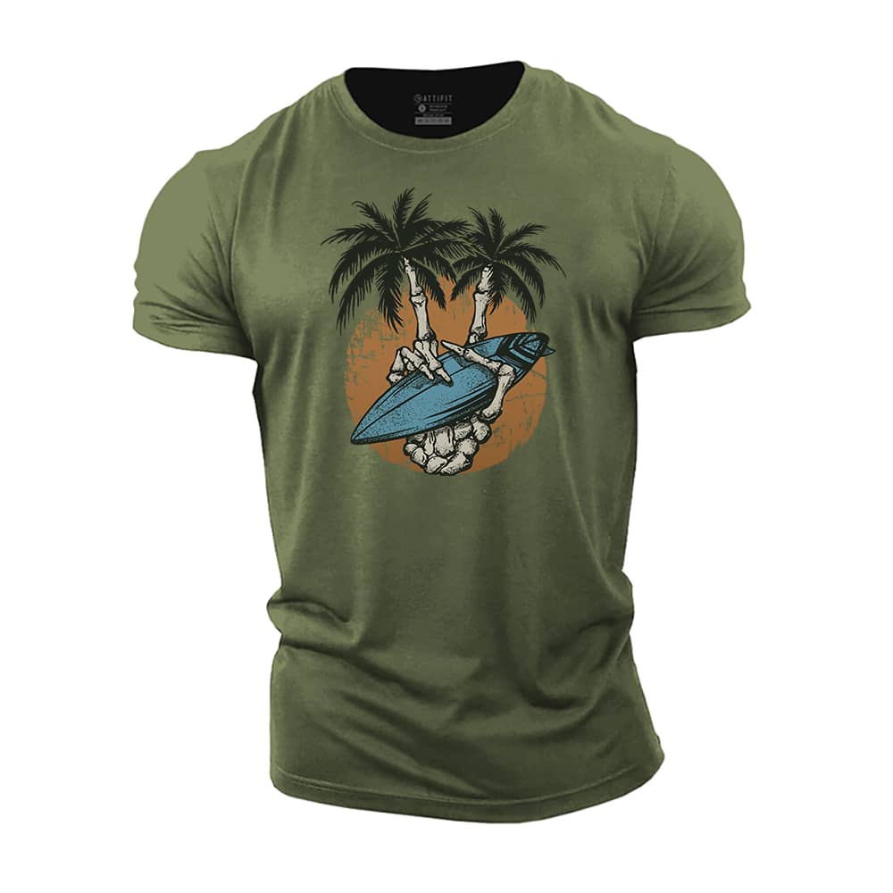 Palm Tree Skull Hand Cotton T-Shirt