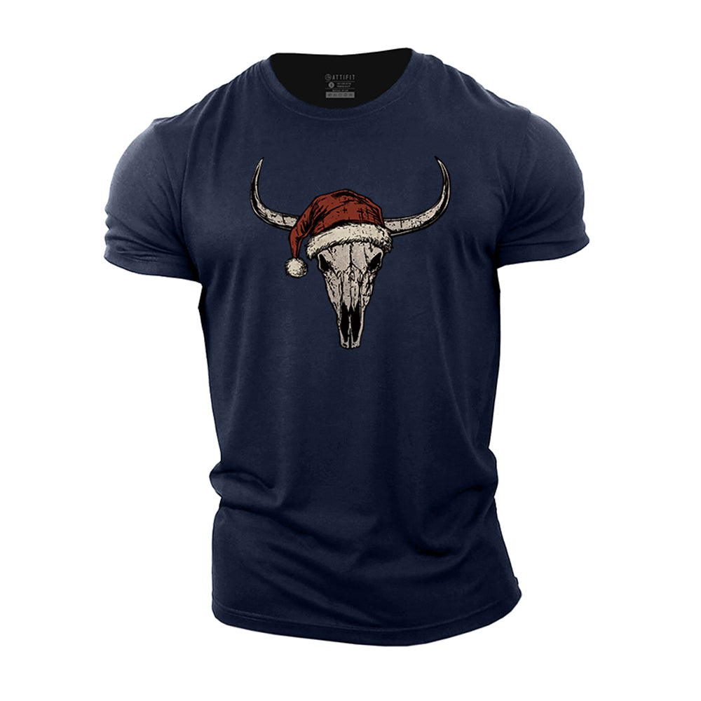 Christmas Bull Skull Cotton T-Shirt