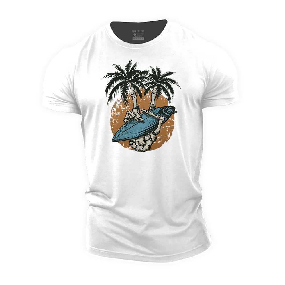 Palm Tree Skull Hand Cotton T-Shirt